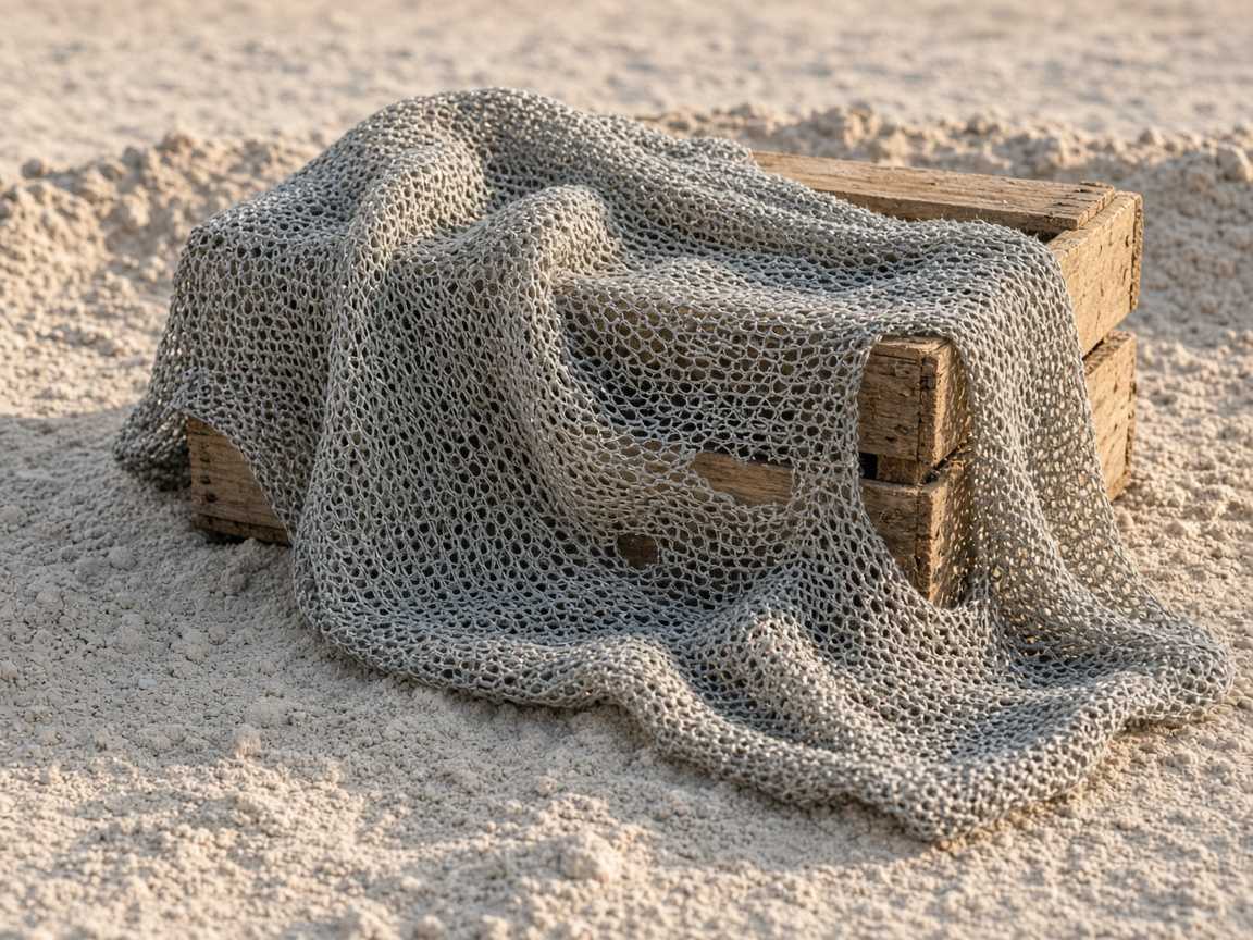 Open silver shade cloth knitted like a loose fabric, with holes you can see through.