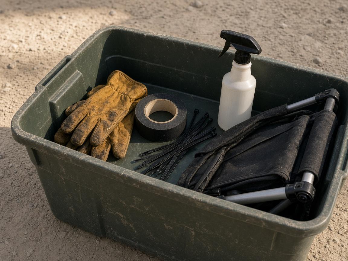 An open bin of gloves, tape, ties, and a spray bottle.