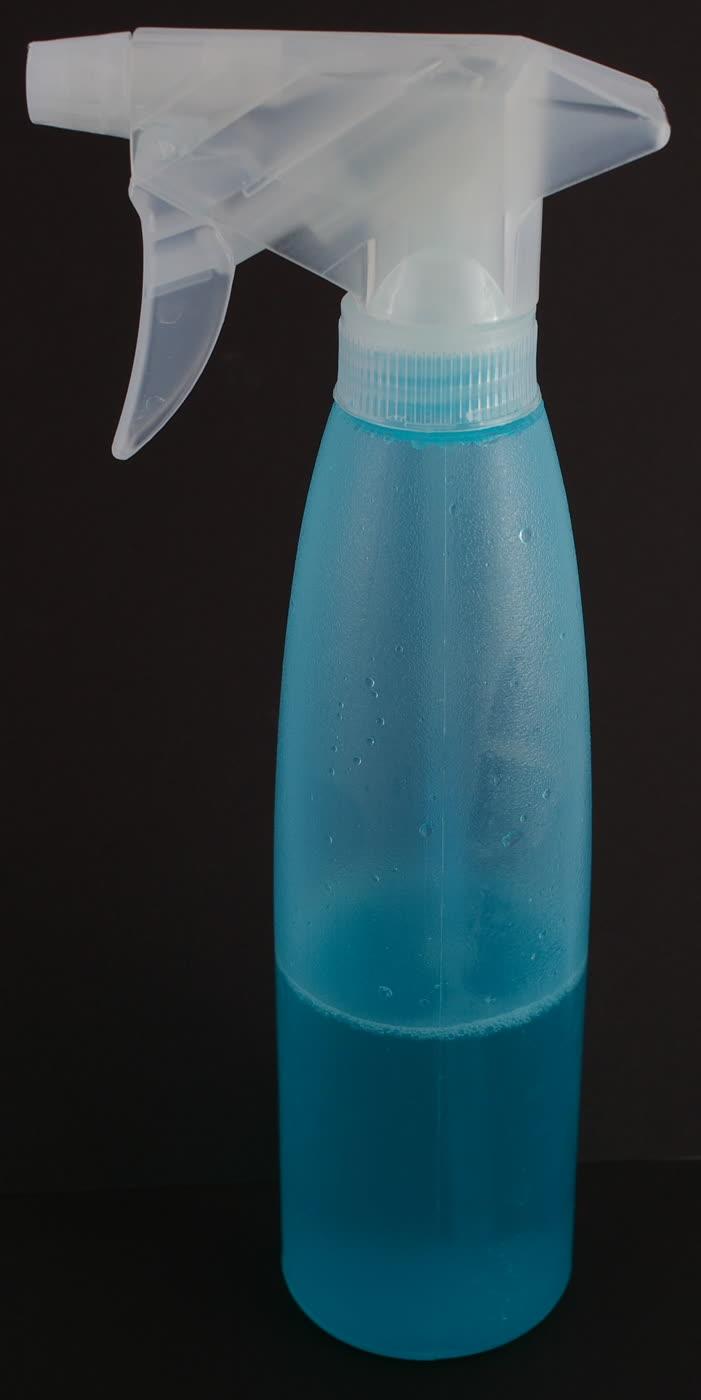 A clear plastic trigger spray bottle.