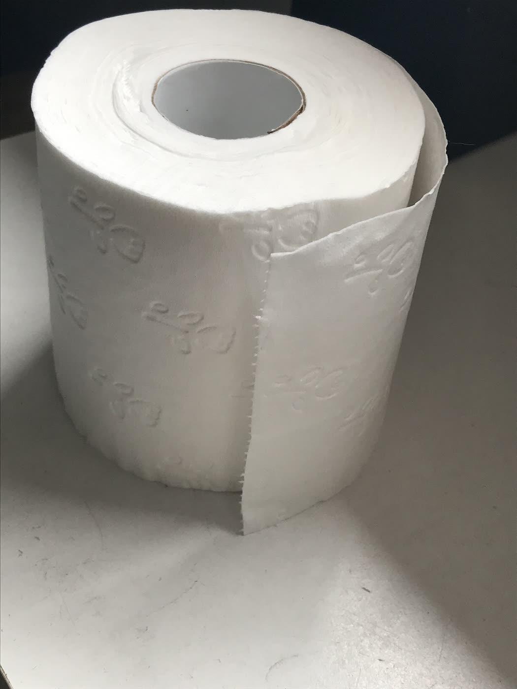 A single roll of white toilet paper.