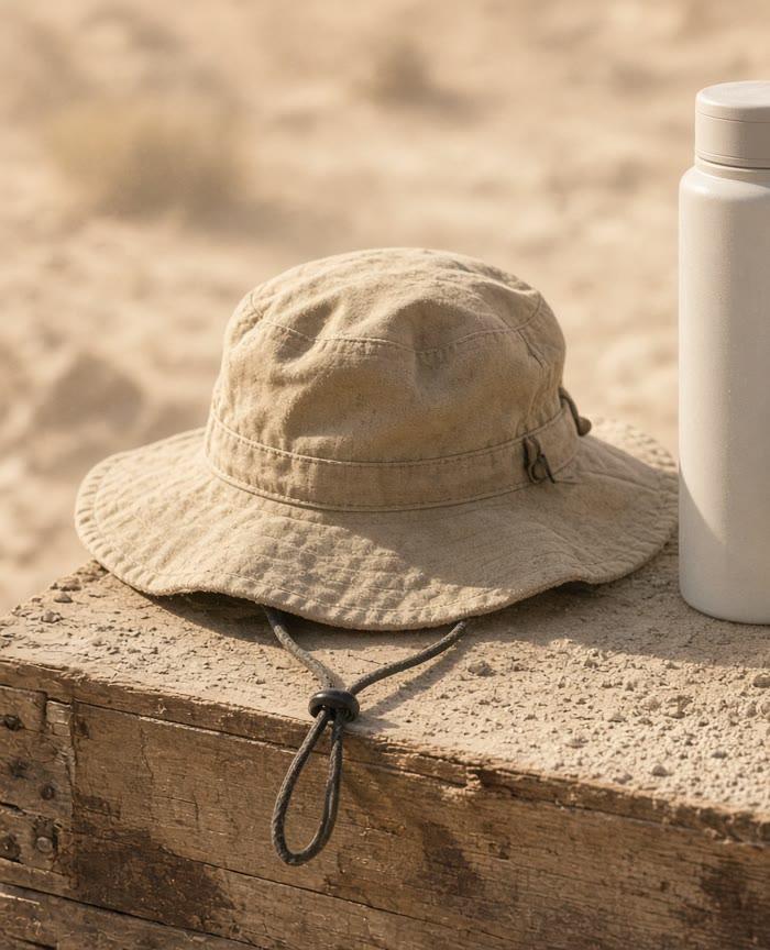 A wide-brim hat with a chin strap on a dusty crate.