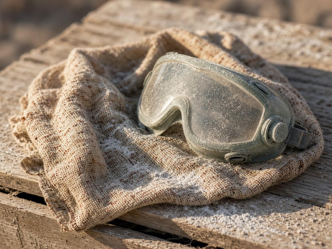 Splash goggles and a cotton scarf coated in fine pale dust.