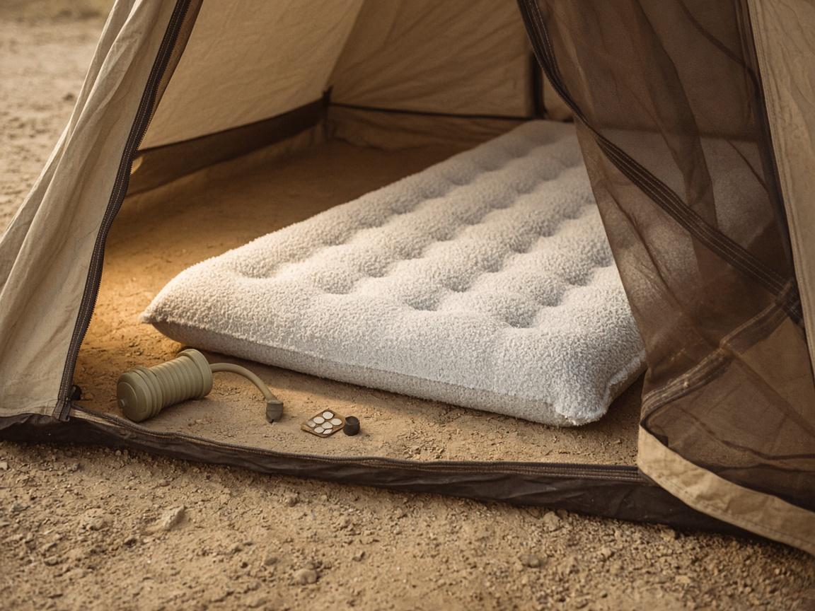 A thick air mattress inside a tent, with a pump and a patch kit.