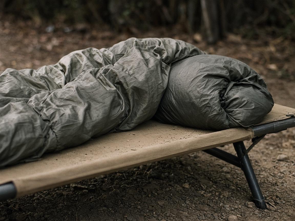 A synthetic sleeping bag half-stuffed on a cot.