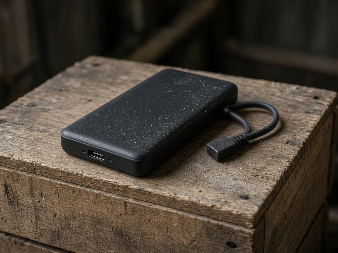 A small black power bank and a cable on a crate.