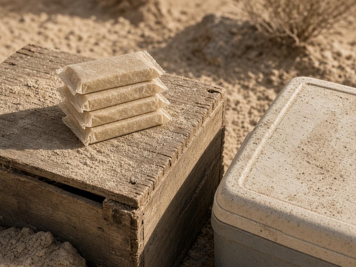 Wrapped snack bars stacked on a dusty crate beside a cooler.
