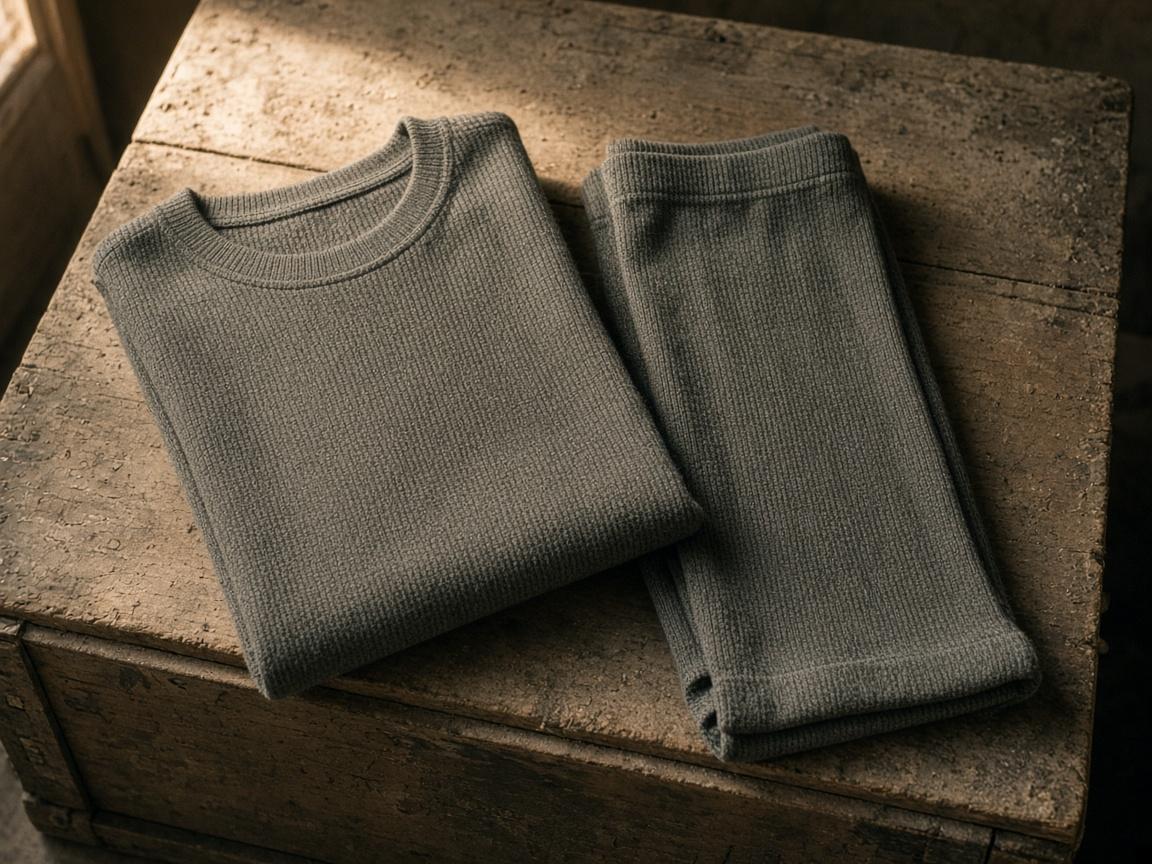 A folded long-underwear top and bottom on a dusty crate.