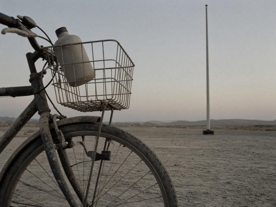 A front basket on dusty handlebars, with a lidded bottle in it.