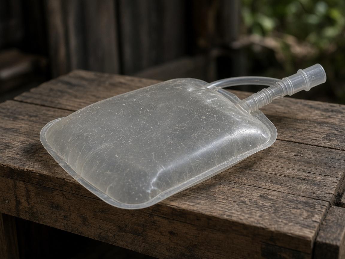 A clear hydration reservoir with a bite valve.