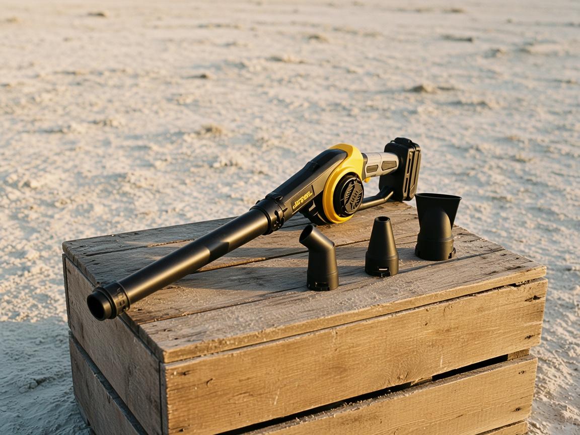 A yellow-and-black handheld blower with a long nozzle and three tips on a dusty crate.