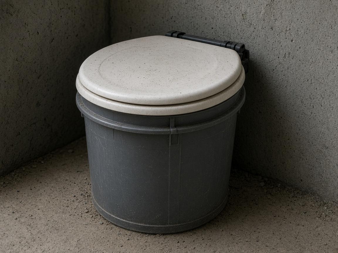 A closed bucket with a seat lid, empty, in the shade.