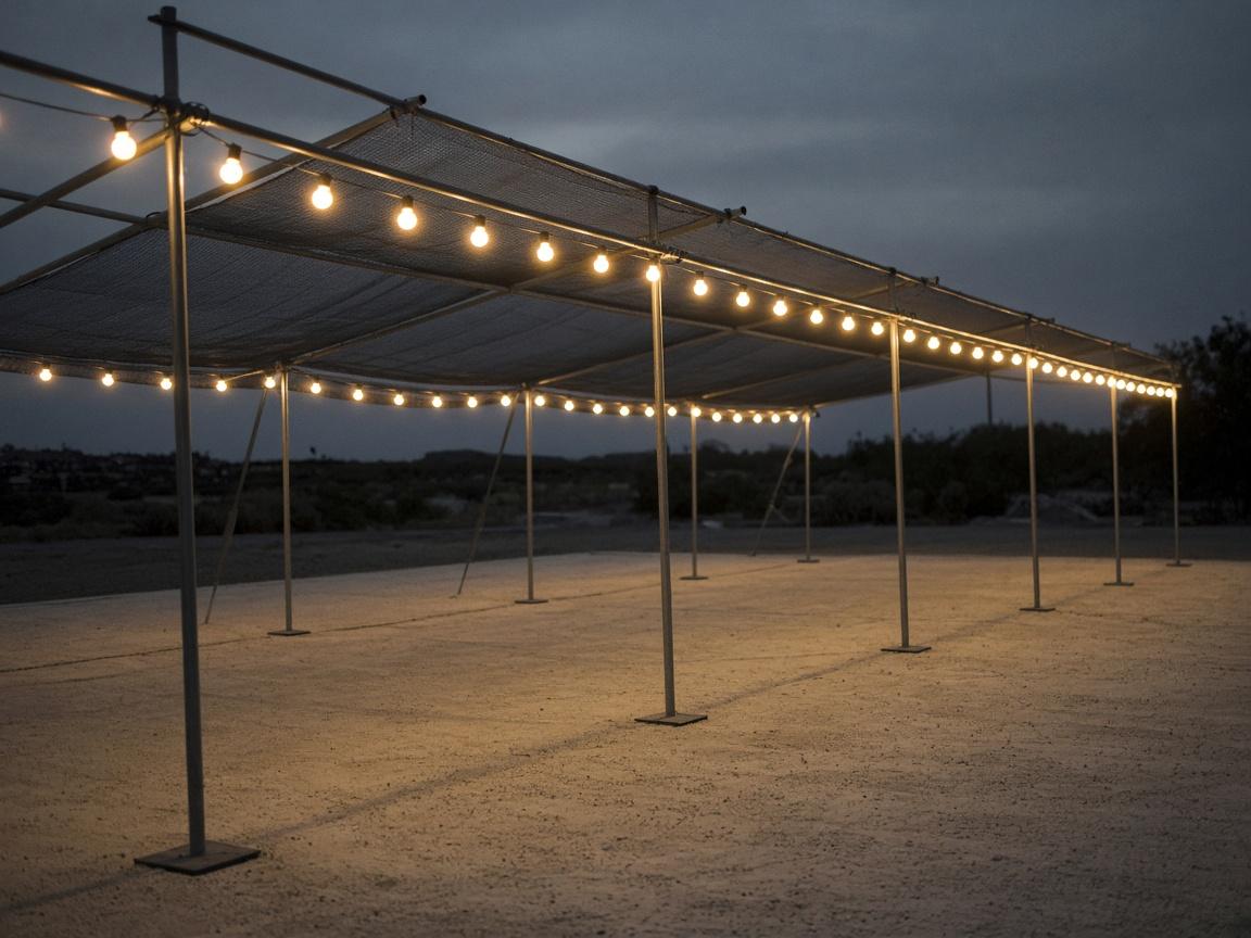 Larger warm globe lights clipped along a shade frame at dusk.