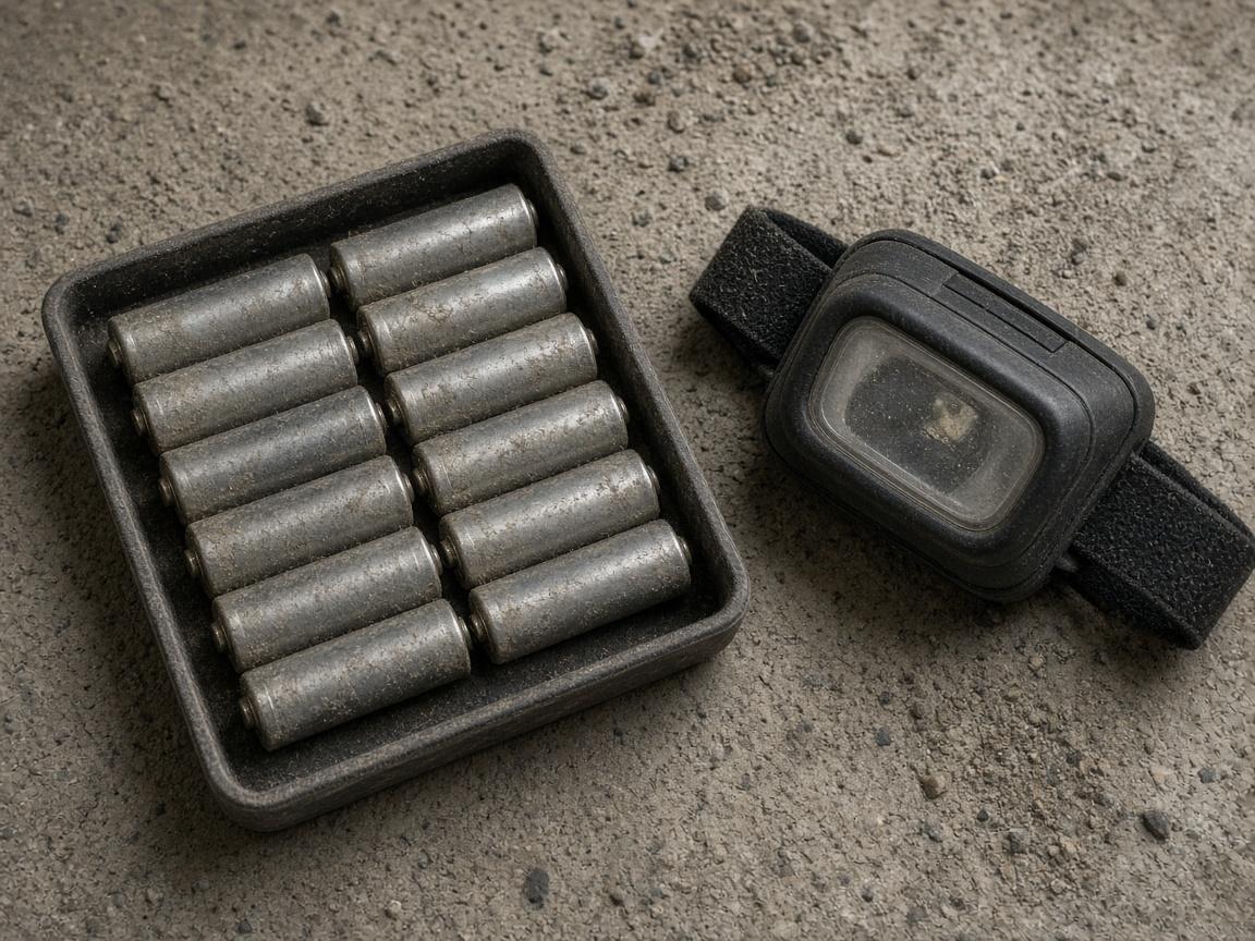 Rechargeable AA cells in a tray beside a headlamp.