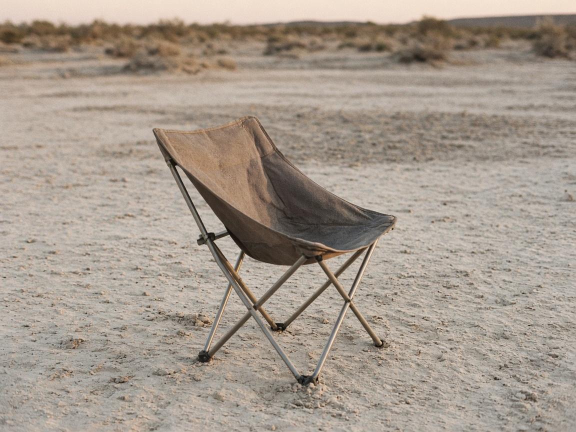 One compact camp chair on pale dust under shade.
