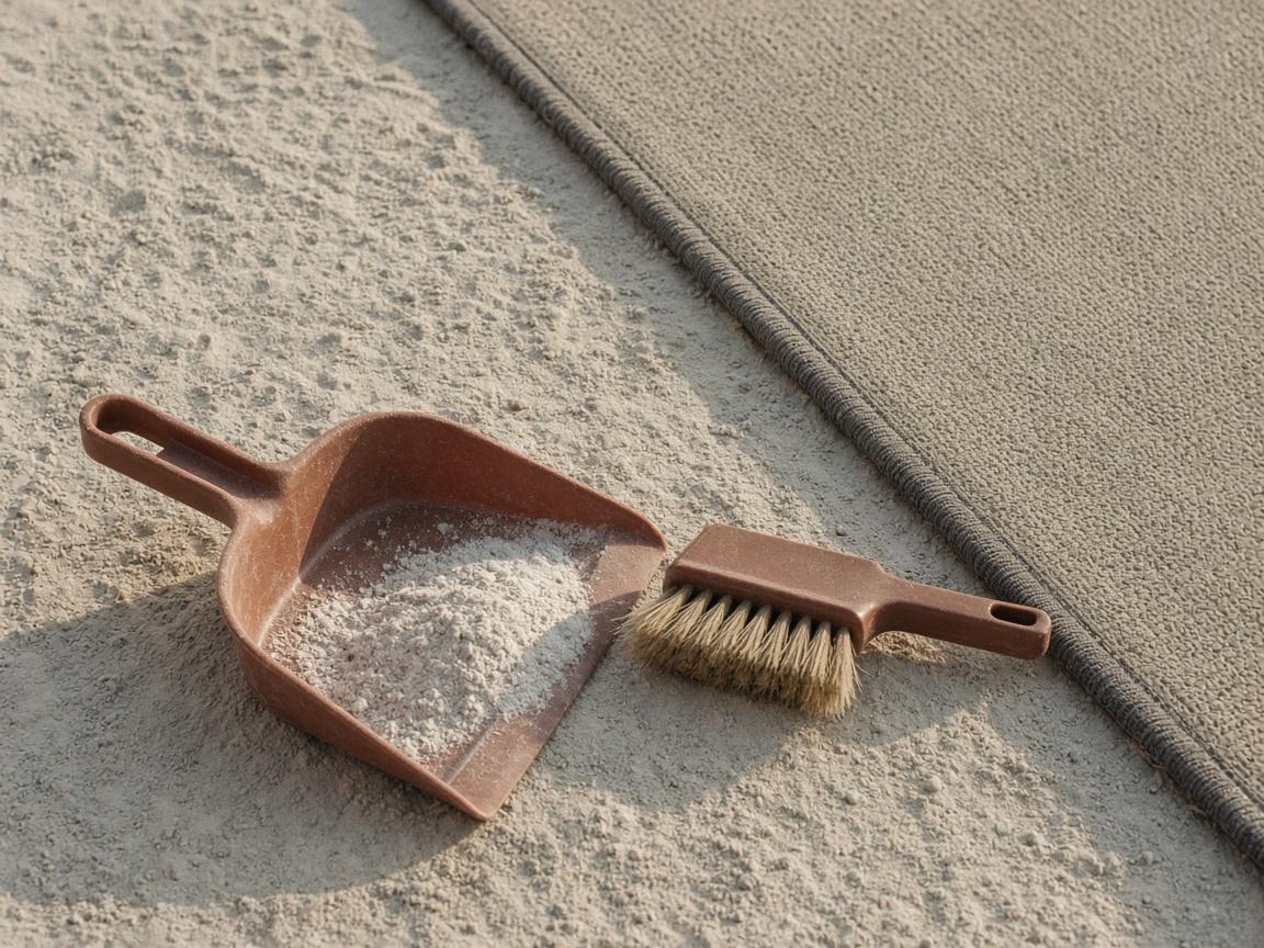 A dustpan and brush on pale dust at the edge of a rug.