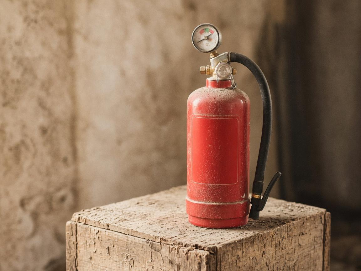 A red extinguisher with a gauge, standing on a dusty crate.