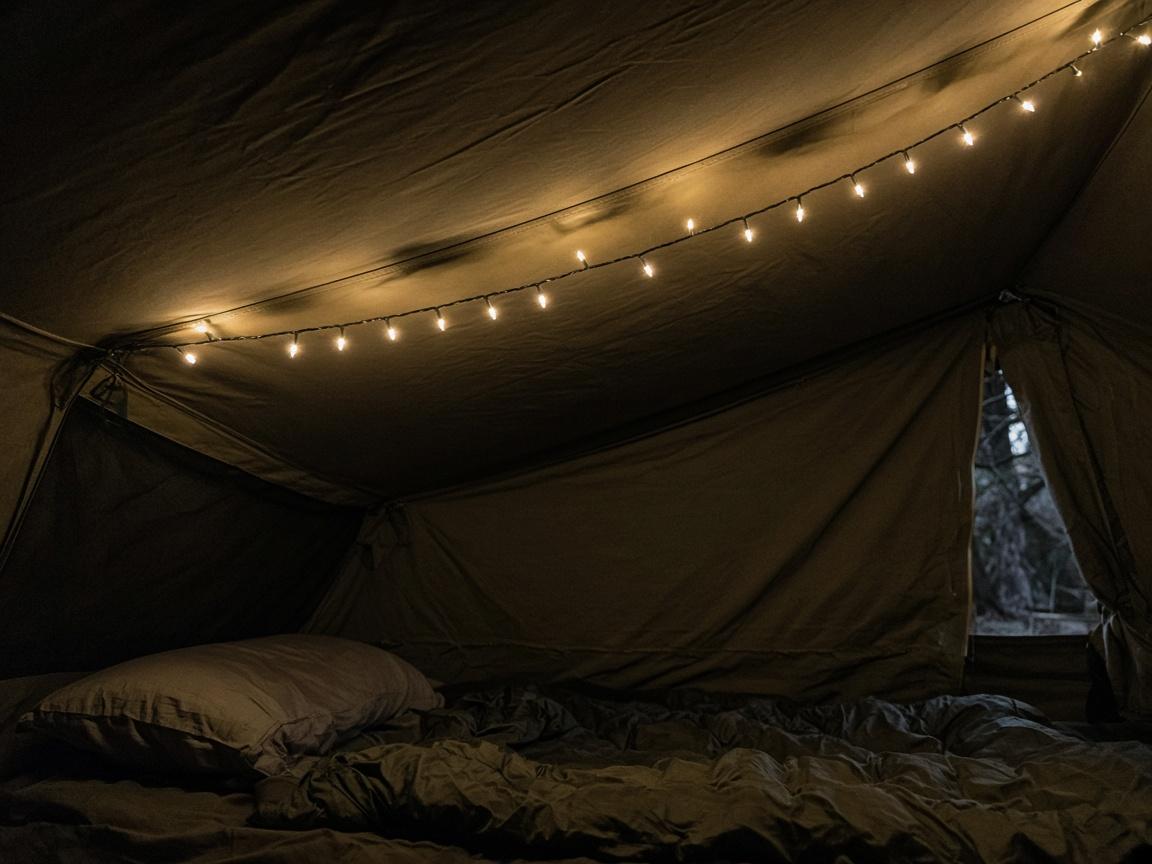 A thin strand of warm fairy lights clipped inside a tent.