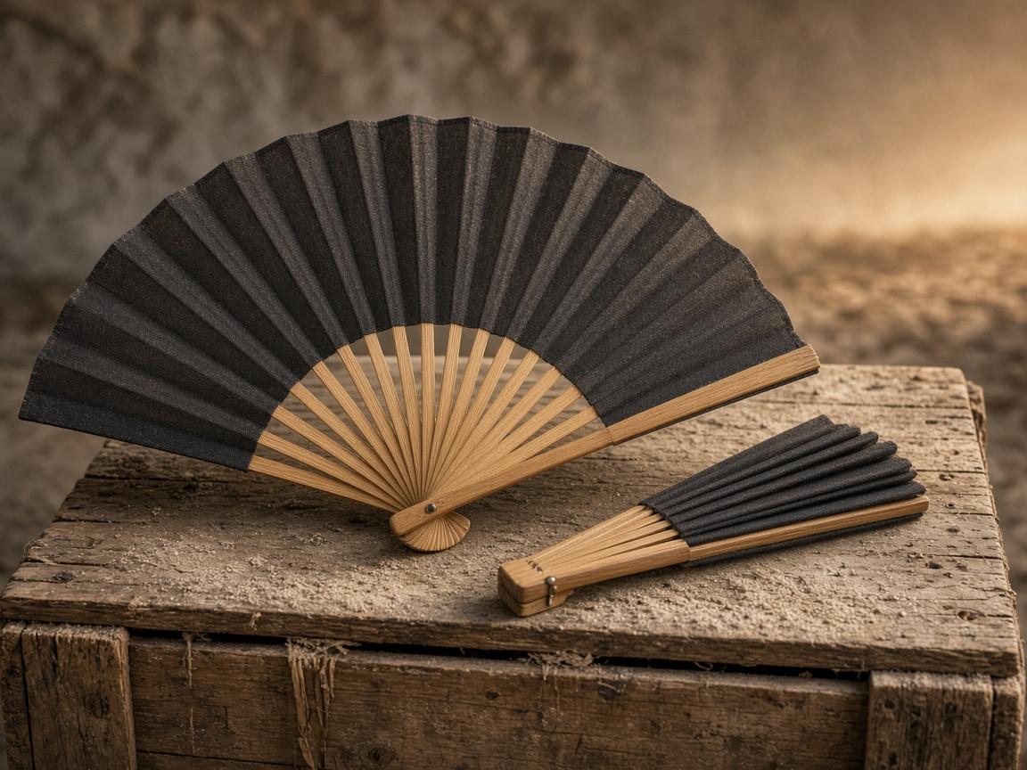 A large open folding fan with bamboo ribs on a dusty crate.