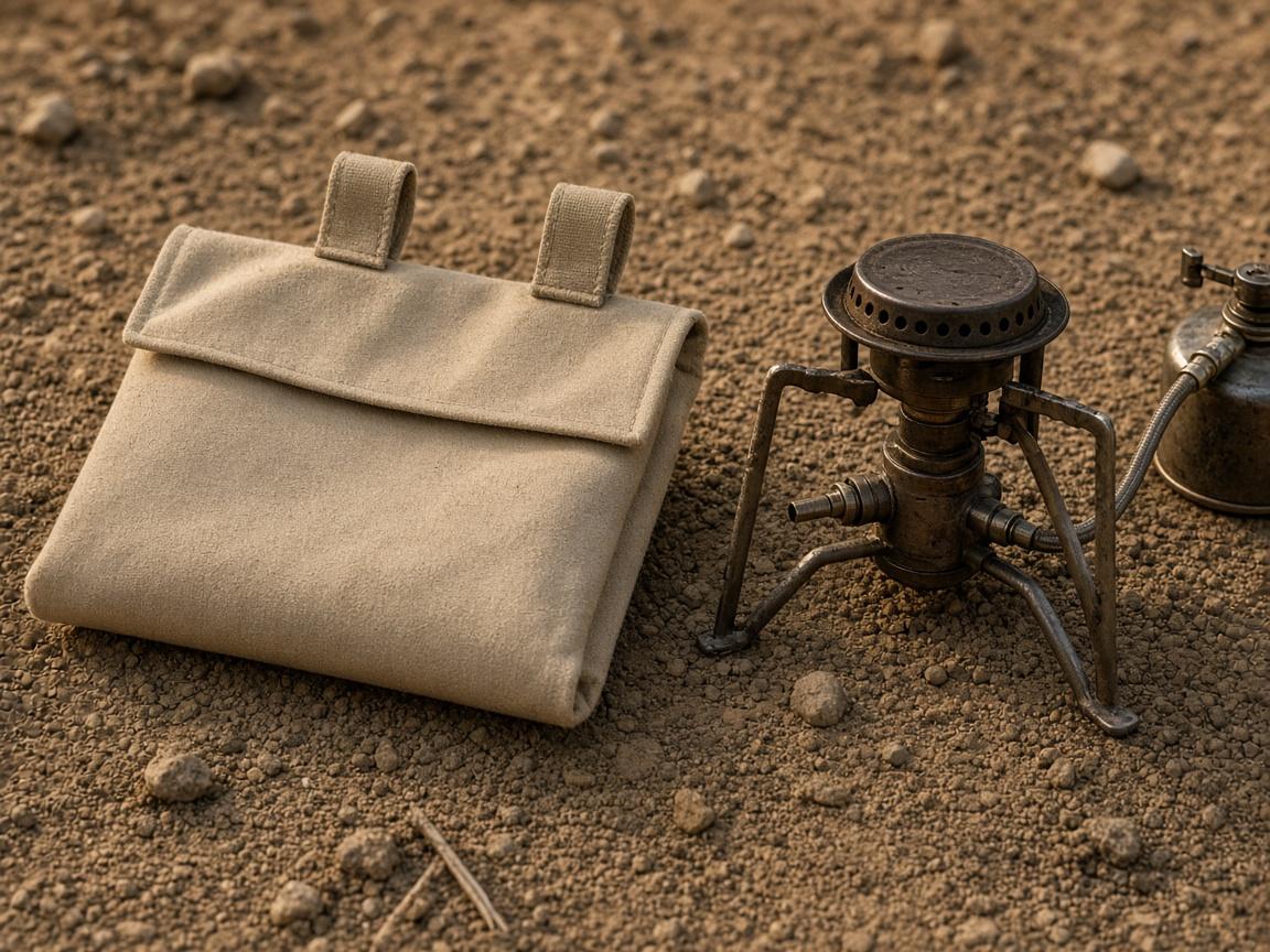 A folded fire blanket in a plain pouch beside a camp stove.