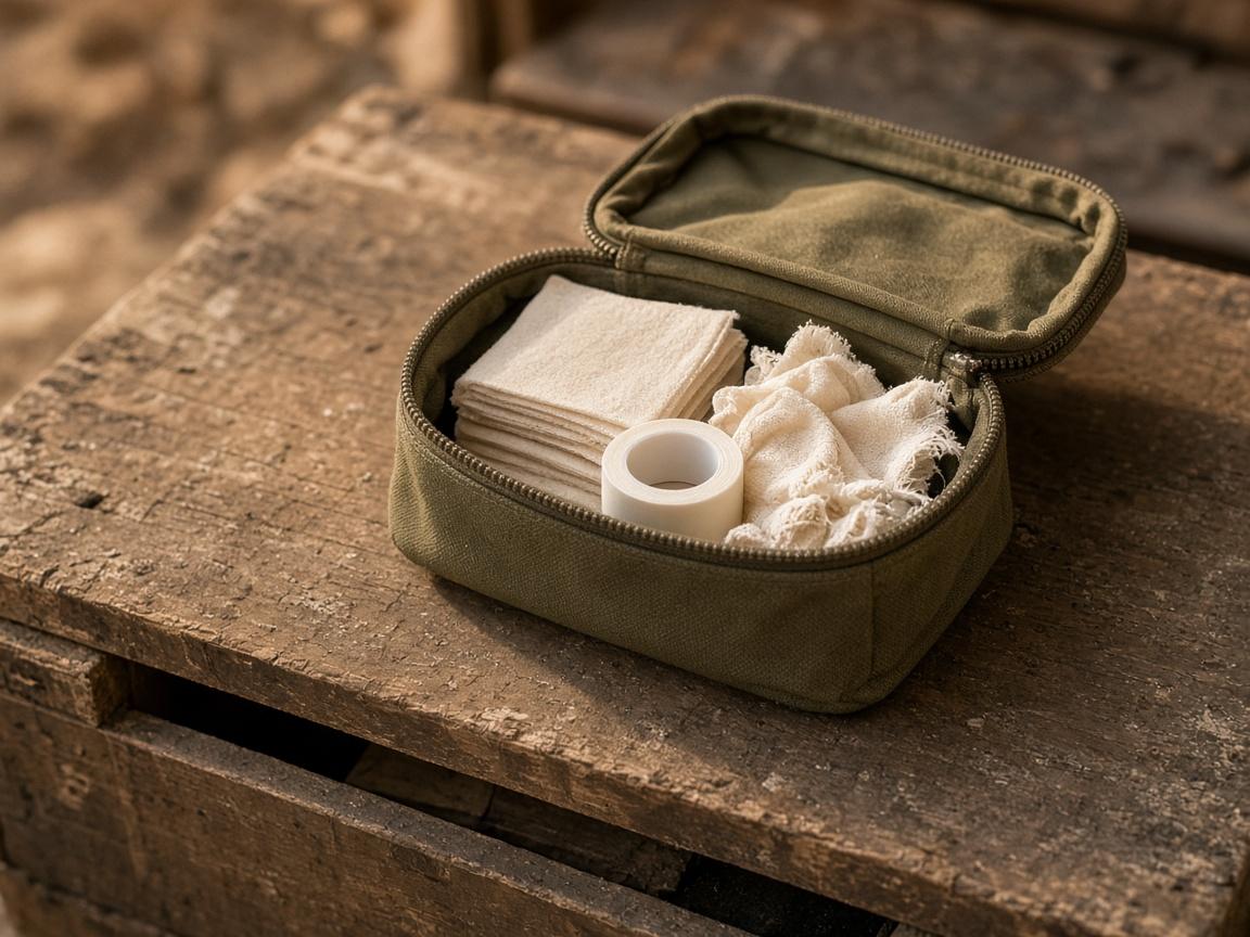 An open first-aid pouch with bandages and gauze on a dusty crate.
