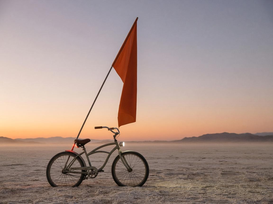 A dusty bike with a tall orange flag above the handlebars at dusk.