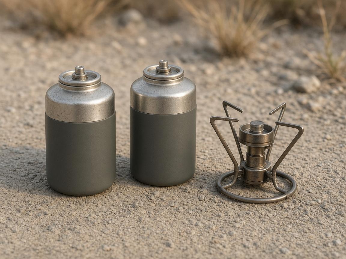 Two plain fuel canisters beside a camp stove on pale dust.