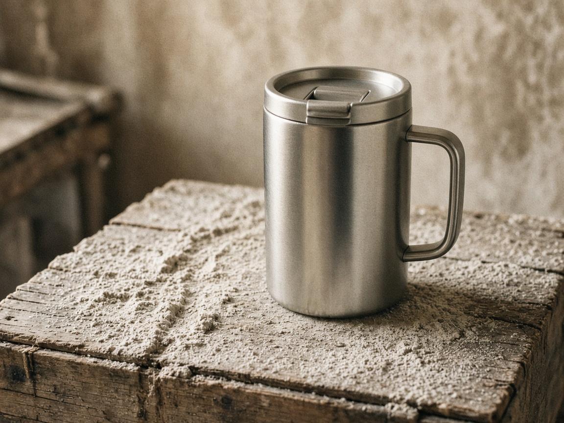 A stainless travel mug with a lid and a handle on a dusty crate.