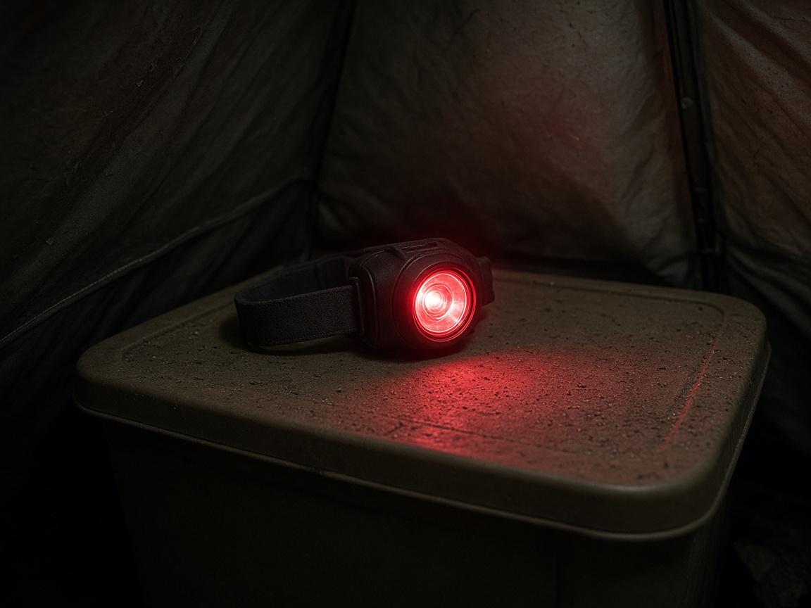 A headlamp glowing red on a dusty bin.