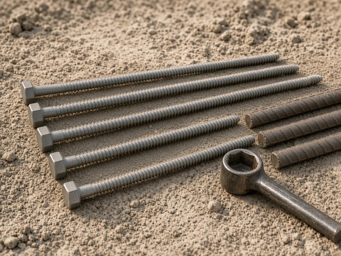 Long galvanized lag bolts and 18-inch rebar on dusty ground.