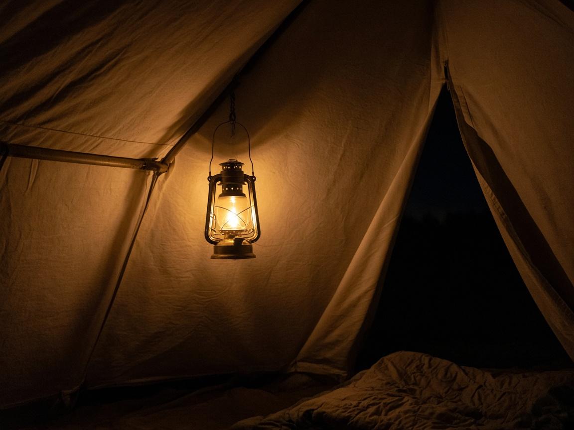 A small lantern glowing inside a dark tent.
