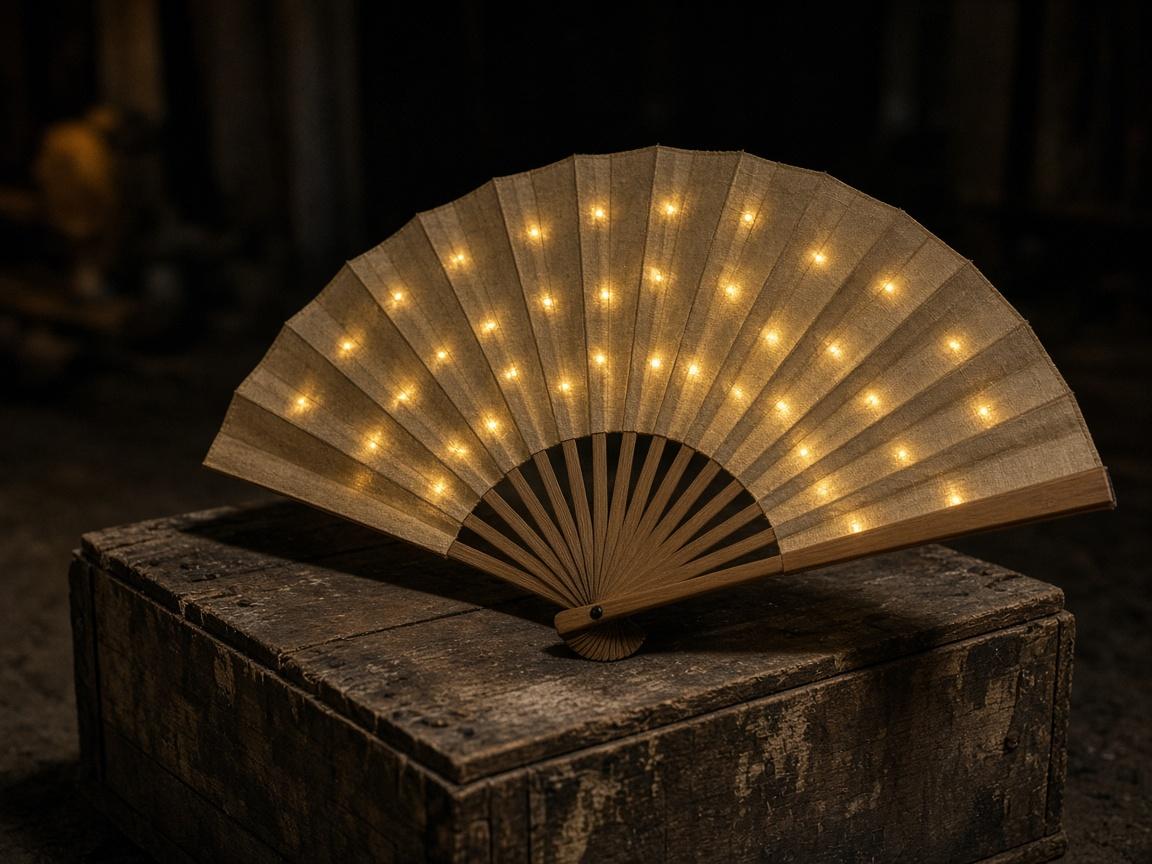 A folding fan with small warm lights in the leaf, on a dusty crate.