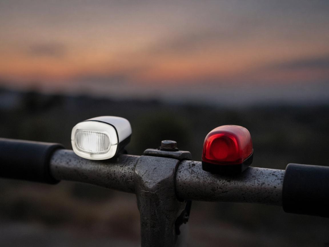 A white front bike light and a red rear light on dusty bars.