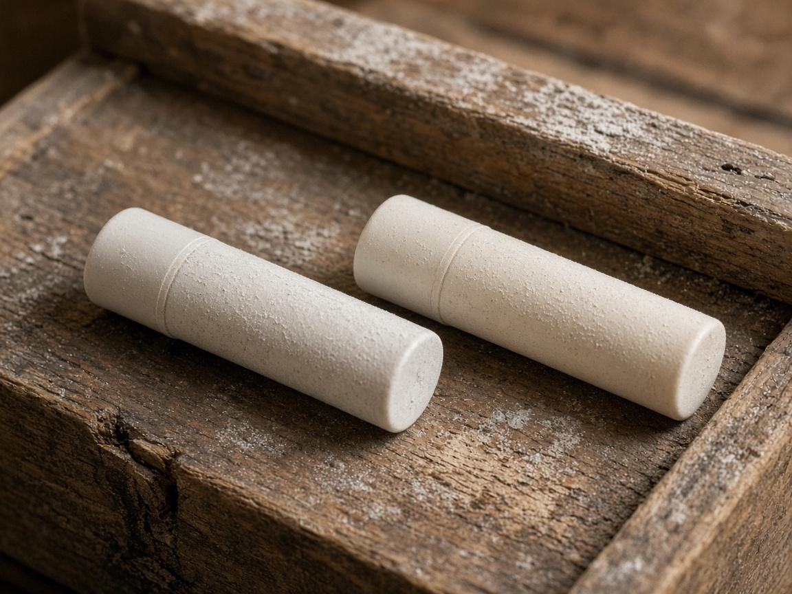 Two plain lip balm sticks with the caps on, on a dusty crate.