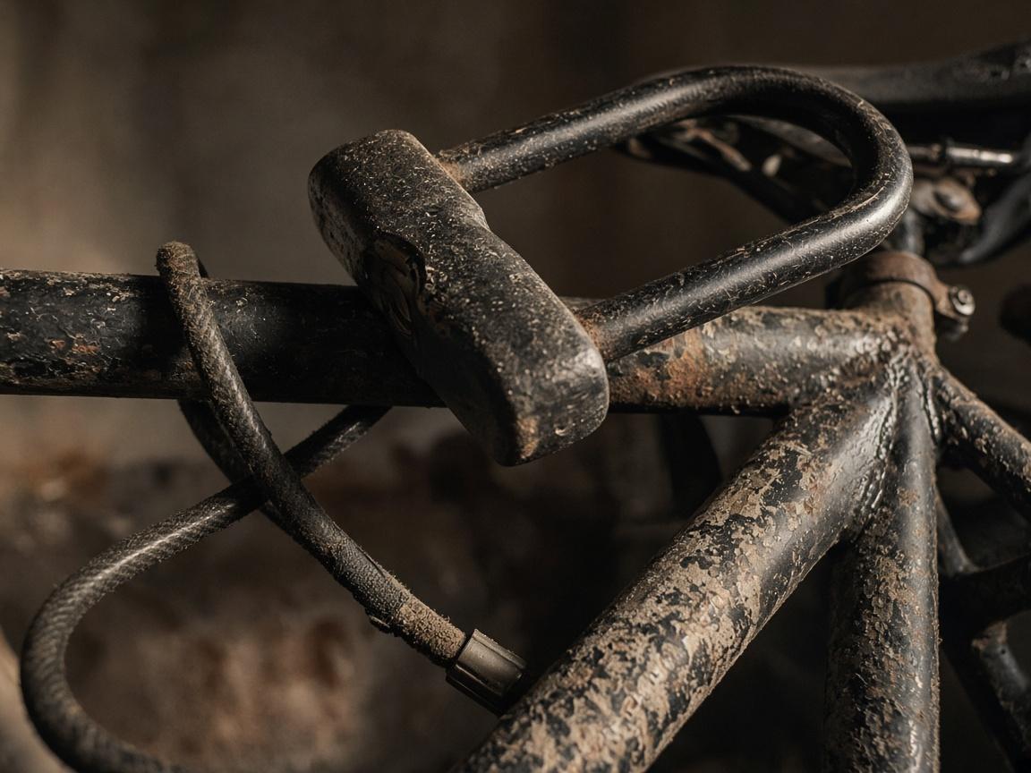 A steel U-lock and cable on a dusty bike frame.