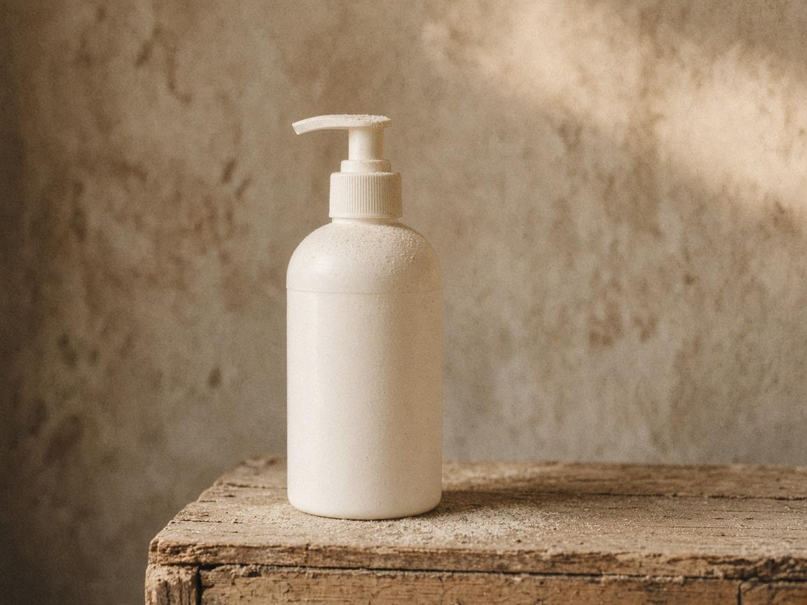 A plain pump bottle of lotion on a dusty crate.