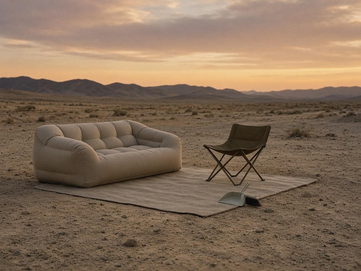 A low inflatable sofa on a camp rug in the dust.
