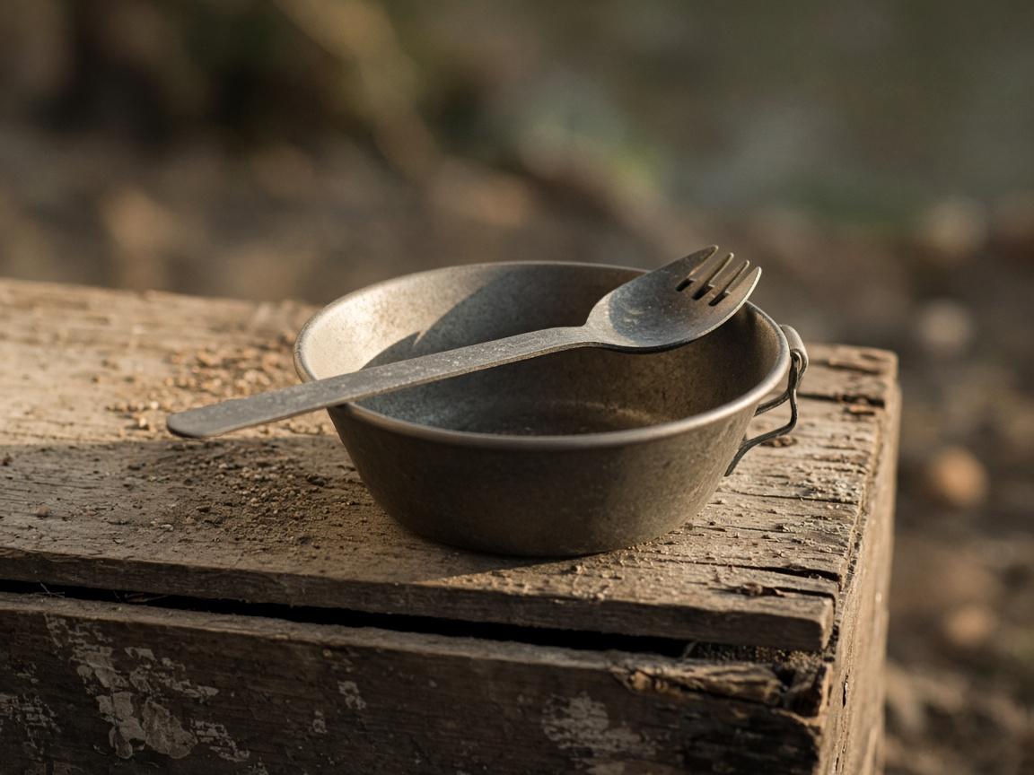 A metal camp bowl and a long spork on a dusty crate.