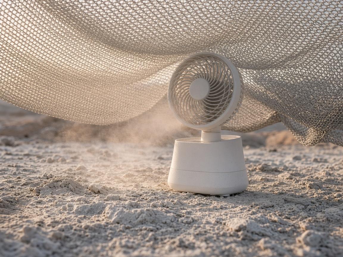 A small misting fan under open shade cloth on pale dust.