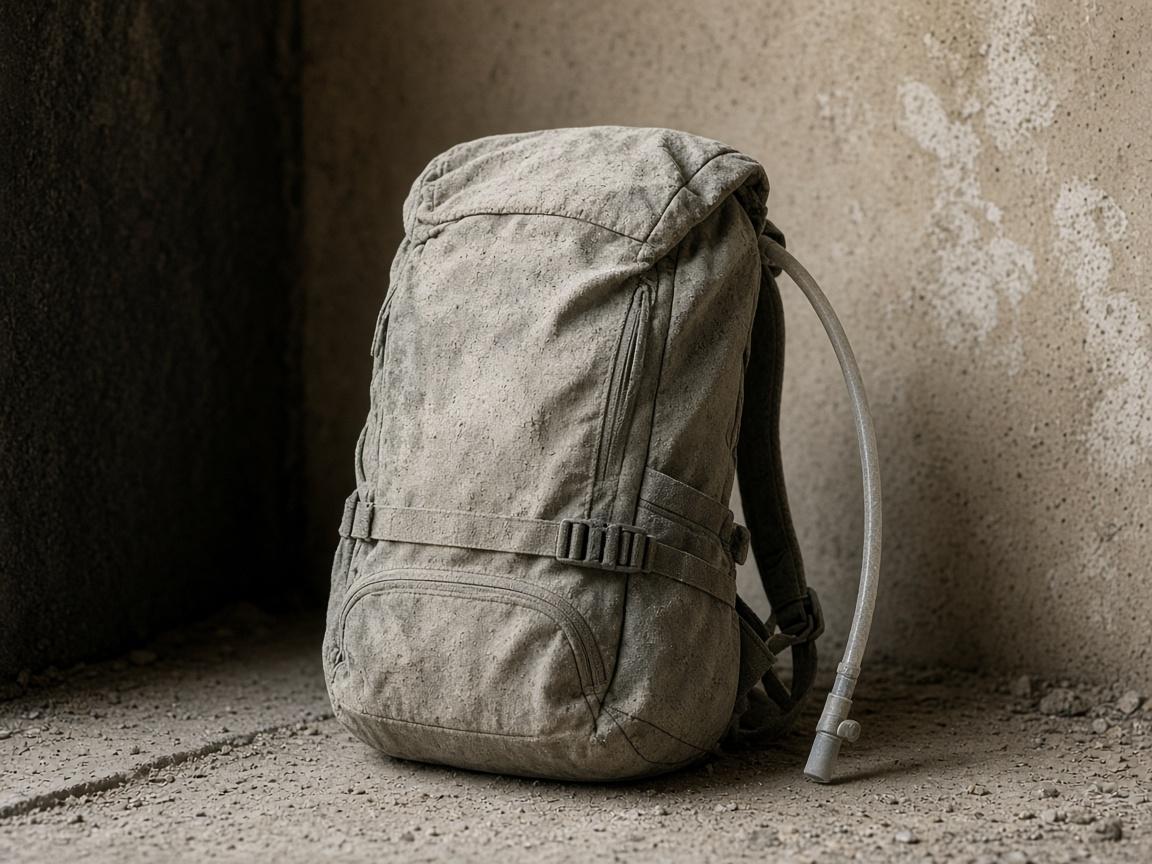 A dusty hydration pack standing in the shade.