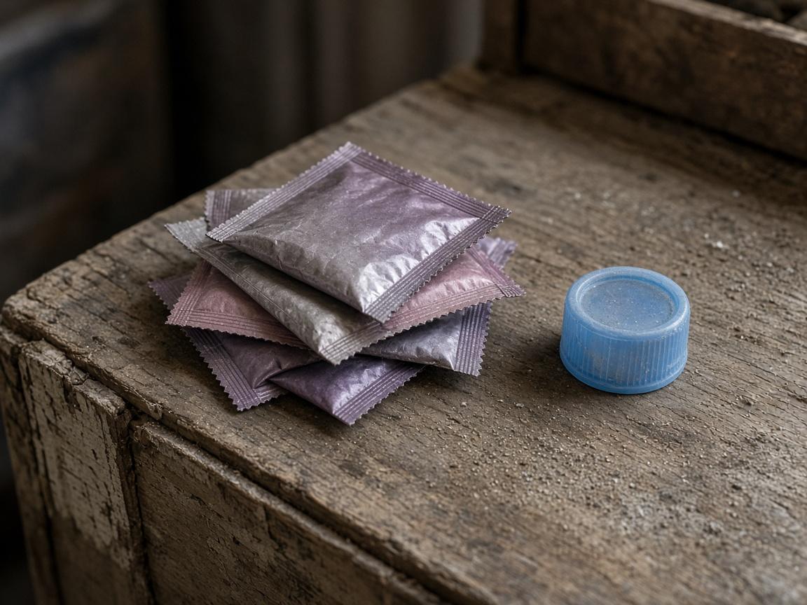 Unlabeled drink-mix packets beside a jug cap.
