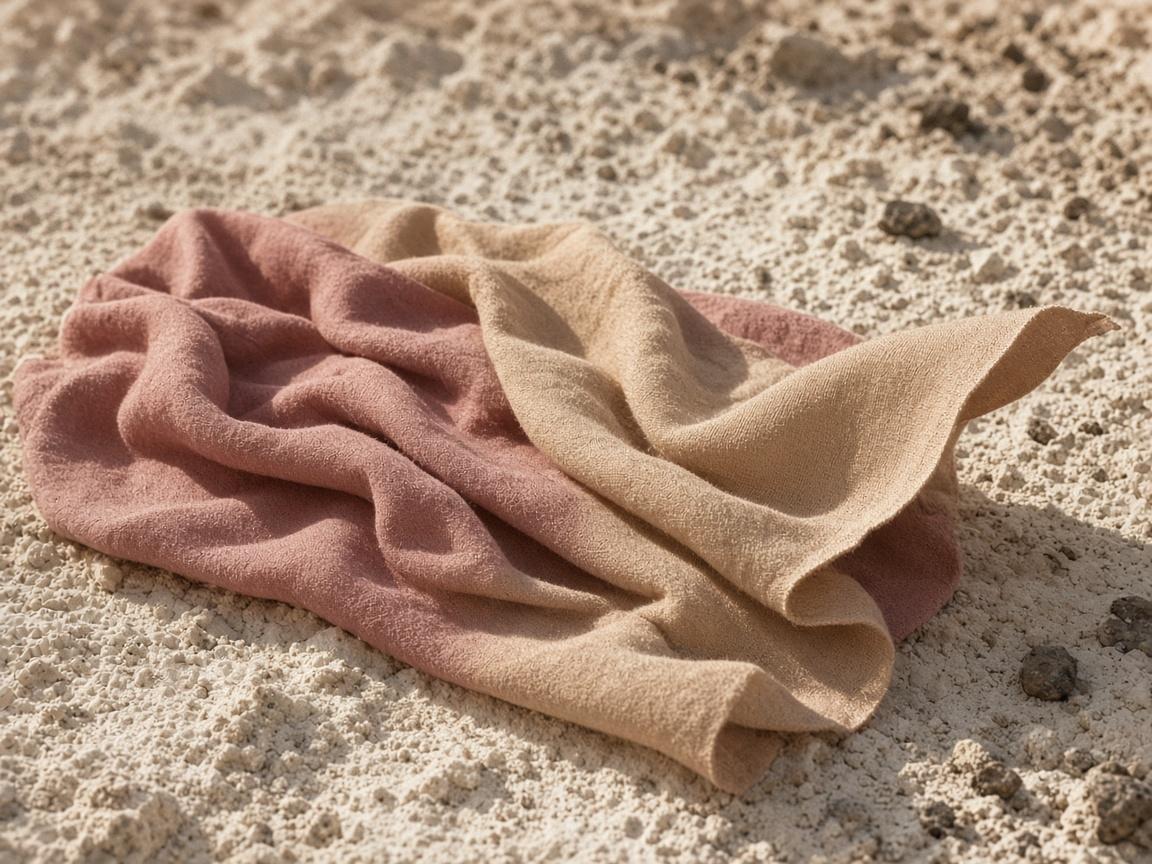 A large soft scarf in sand and rose, folded on pale dust.