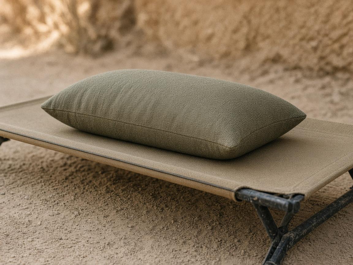 A camp pillow with a removable case on a cot.