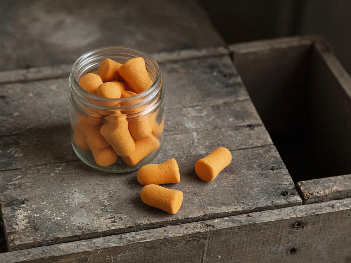 Foam earplugs spilled from a small jar.