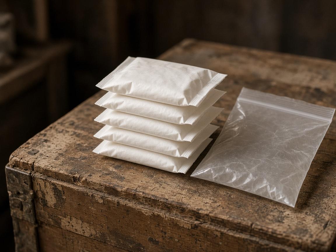 Individually wrapped wipe packets beside a zip bag.