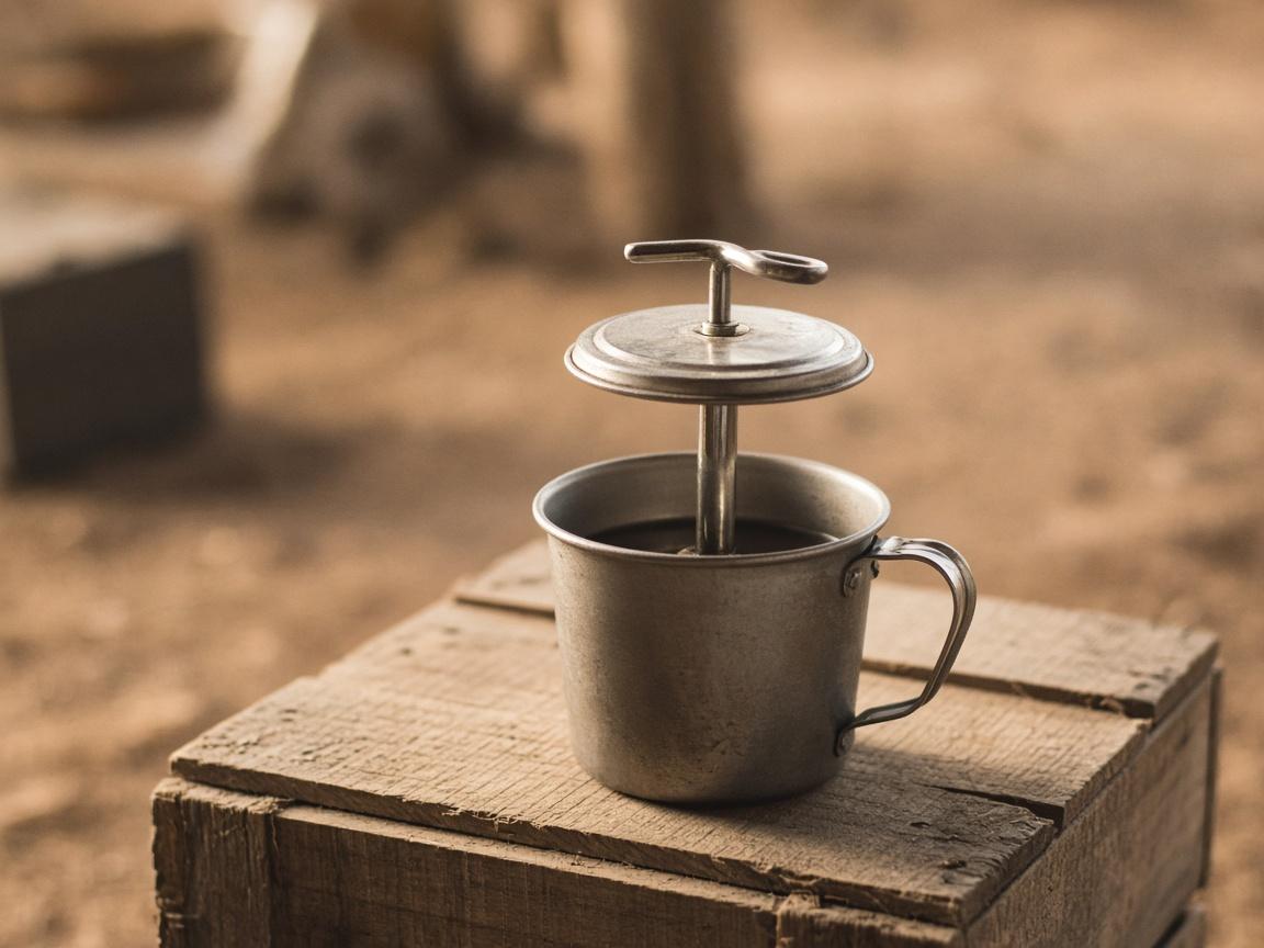 A metal press plunger in a camp cup on a dusty crate.