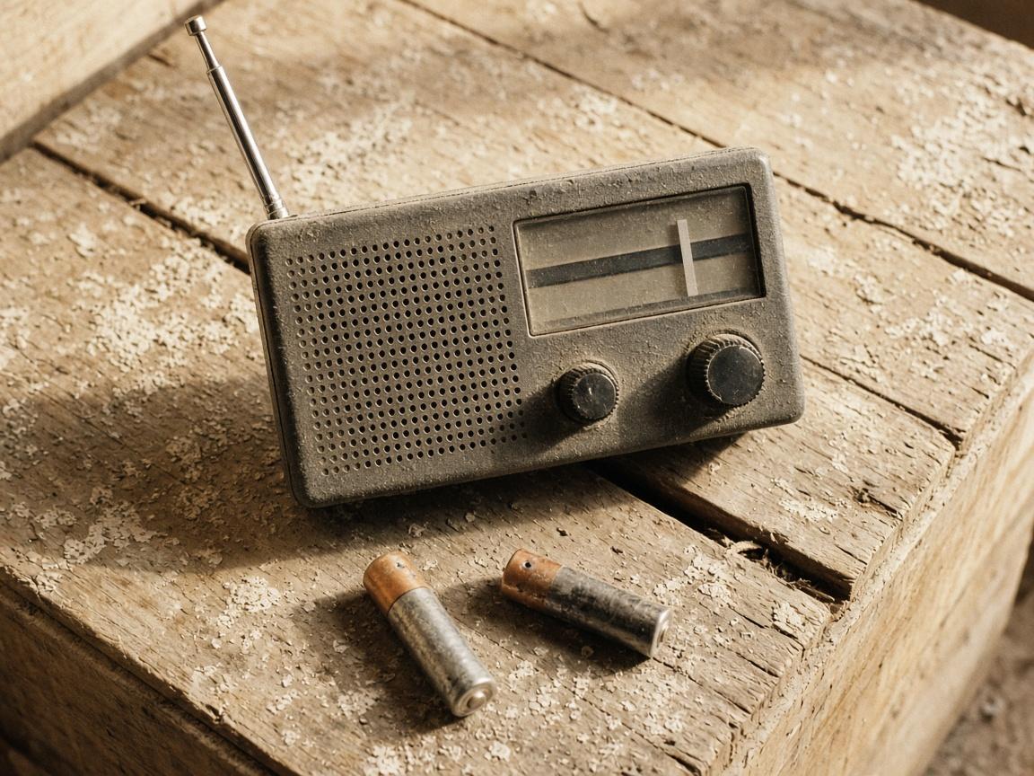 A small portable radio with spare cells on a dusty crate.