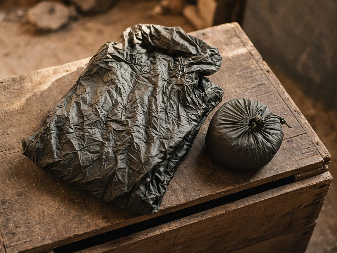 A thin packable rain shell folded on a dusty crate.