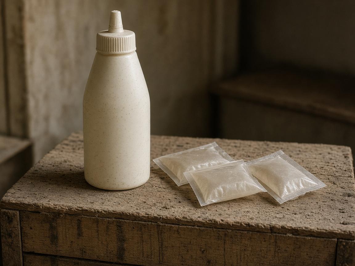 A plain saline bottle and packets on a dusty crate.