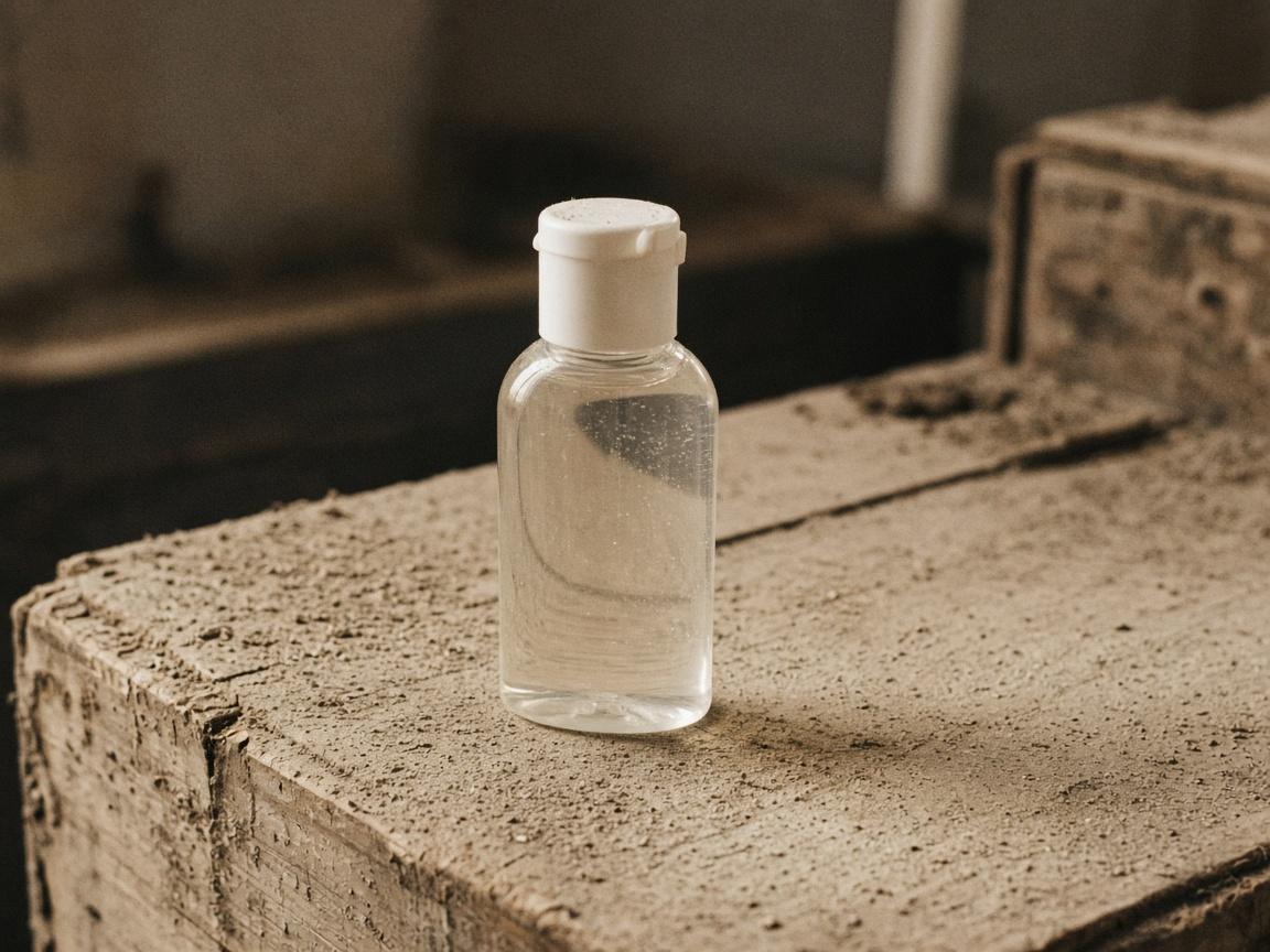 A small plain bottle of gel sanitizer on a dusty crate.