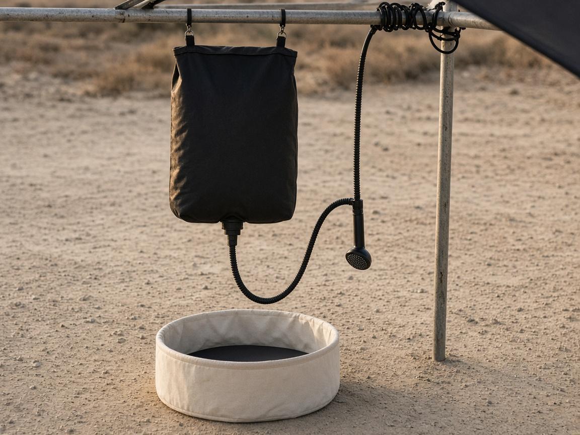 A black shower bag hanging from a shade frame, hose down into a tub.